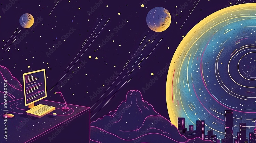Aufkleber a developer is coding on a computer while surrounded by vibrant space planets and a distant city sky