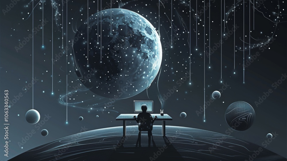 Aufkleber a developer engages in coding on a computer, surrounded by a cosmic atmosphere filled with planets a
