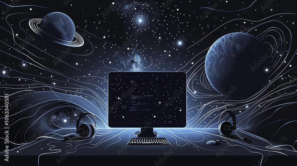 Aufkleber a computer displays code while surrounded by a cosmic environment featuring planets and a galaxy, in