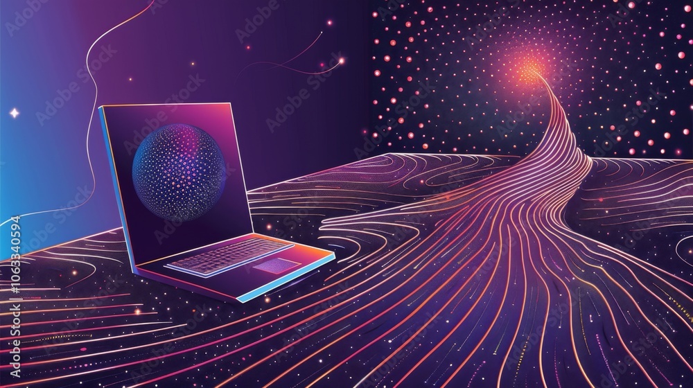 Aufkleber a developer engages with vibrant coding visuals on a laptop, surrounded by a cosmic scene with plane