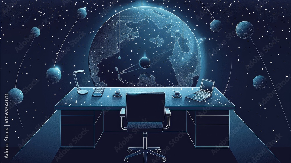 Aufkleber a coder works diligently at a desk with a laptop while colorful planets and stars fill the cosmic vi