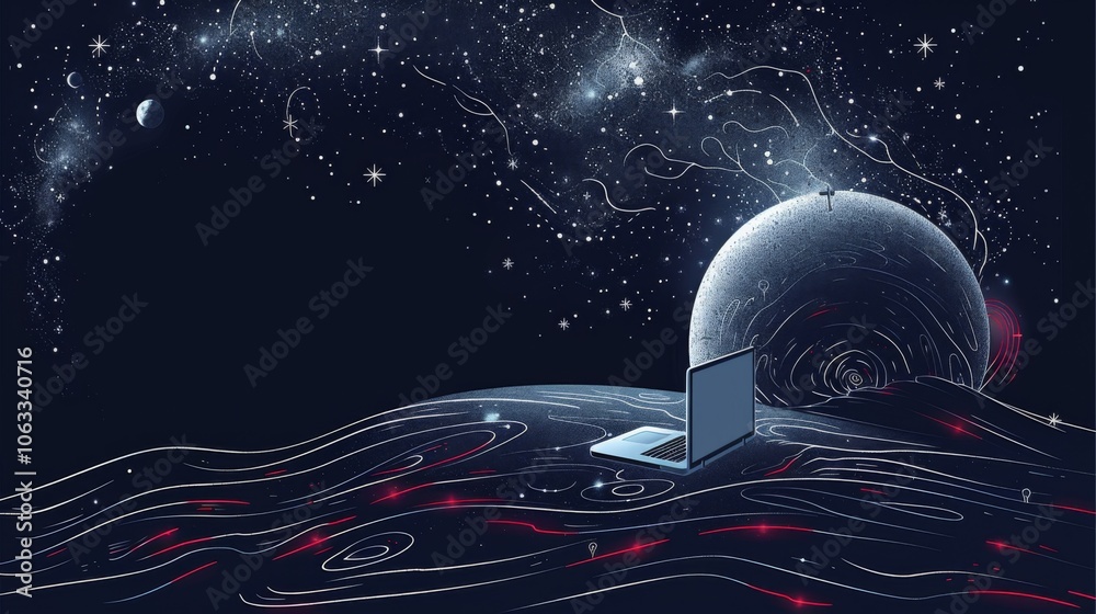 Poster a developer engages in coding specifically focused on space planets, immersed in a cosmic atmosphere