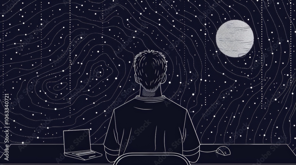 Poster a developer sits at a desk working on code, mesmerized by the vast expanse of space filled with star