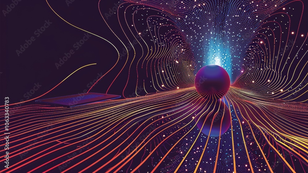 Poster a developer is coding for space planets on a computer, surrounded by vibrant cosmic visuals reflecti