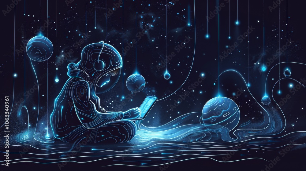 Aufkleber a developer in a hoodie types on a glowing device, surrounded by planets and a starry backdrop, emph