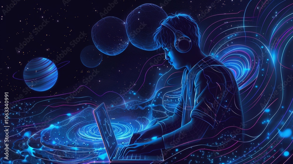 Aufkleber a developer focused on writing code on a laptop, surrounded by an imaginative space backdrop featuri
