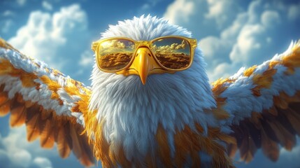 A cartoon eagle wearing golden sunglasses, soaring with outstretched wings in the sky.
