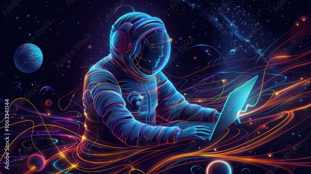 Poster a focused astronaut writes code on a laptop while floating in space, surrounded by glowing planets a