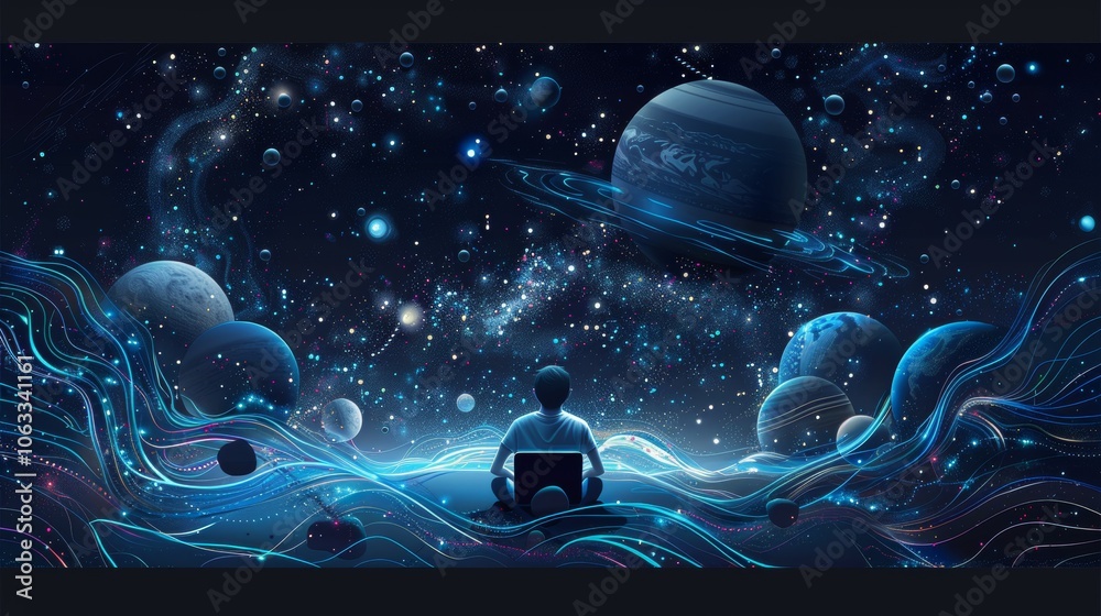 Aufkleber a developer focused on coding sits against a backdrop of colorful planets and cosmic features, immer