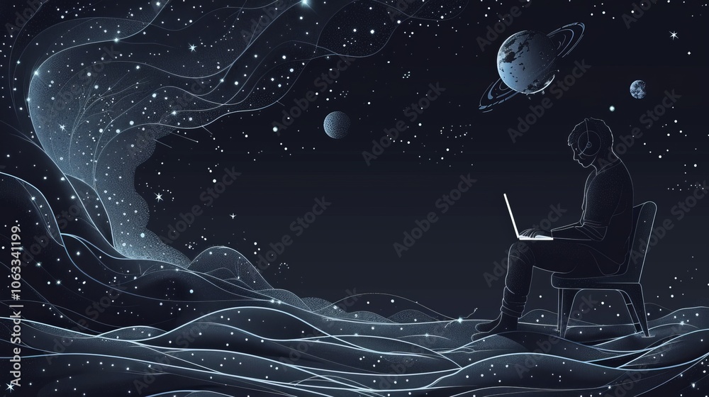 Aufkleber coding for space exploration, a developer engages with planets and cosmic elements in a visually cap