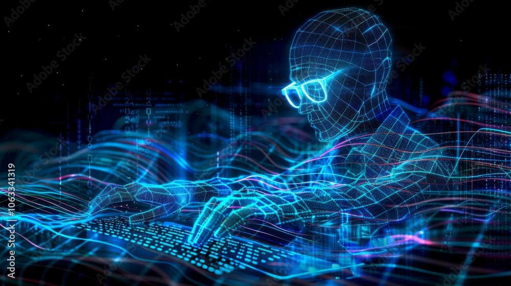 Poster a developer focused on writing code, surrounded by a vibrant, digital landscape filled with moving d
