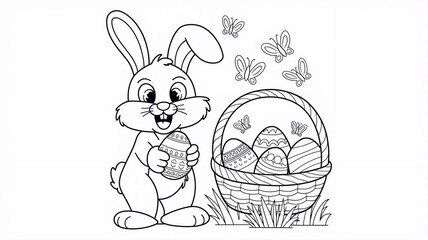 Cartoon easter bunny holding a decorated egg next to a basket full of eggs, butterflies and grass, a vector illustration for a coloring page