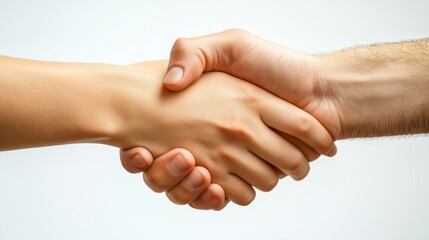 A close-up of two hands engaging in a handshake against a minimalistic light background