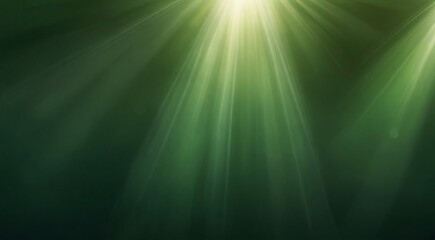 Obraz premium Ethereal green light rays shining through dark atmosphere, dramatic sunbeams with hazy lens flare, cinematic glowing light effect for background