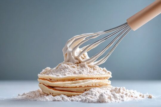 Watercolor image of a whisk mixing pancake batter, with soft colors and creamy textures creating a cozy, homemade feel