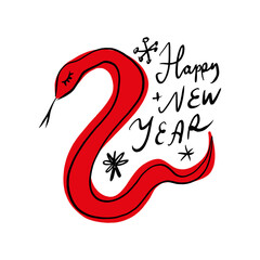 Chinese new year 2025 holiday postcard, year of the Red Snake. Snake illustration cartoon boho childish drawing. Vector designs with snakes. Lunar new year kids concept, lettering modern vector design