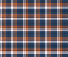 Plaid fabric pattern, blue, orange, white, seamless for textiles, and for designing everyday modern clothes skirts or decorative fabrics. Vector illustration.