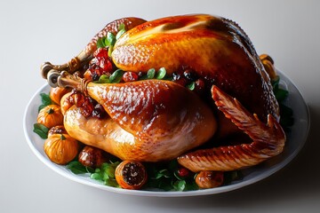 Watercolor painting of a roasted Thanksgiving turkey, with soft, warm colors and rich detail, creating a cozy, festive look