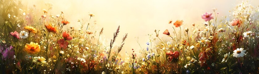 A vibrant oil painting of a field of flowers in the golden hour