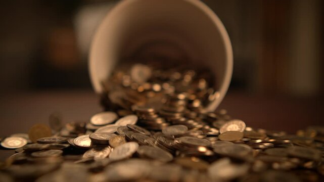 Change cash coins money dropping on table in slow motion