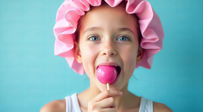 A young girl is holding a pink lollipop and wearing a pink hat