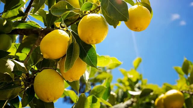 Yellow lemons branch on a lemon tree on a sunny day against blue sky background. 