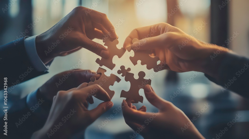 Poster Hands joining puzzle pieces, symbolizing collaboration and teamwork.
