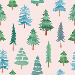 Seamless Christmas tree pattern. Winter watercolor forest vector illustration