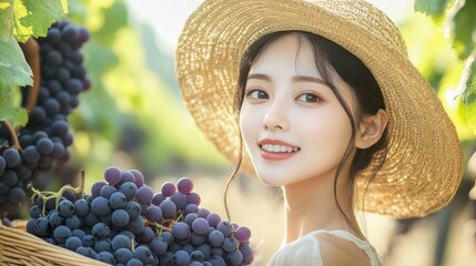 Obraz premium Young fashion cute Korean female model, happy expression, pale beige dress, yellow straw hat, basket with purple grapes, lush grapes on the vine in the vineyard.