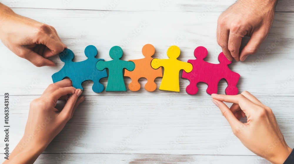Poster teamwork and partnership concept. businessman hold jigsaw puzzle pieces with teamwork icon. business