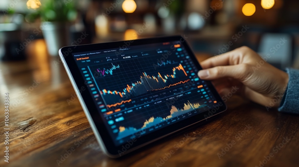 Poster a person is actively reviewing stock market graphs and trends on a tablet placed on a wooden table. 