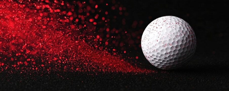 A golf ball surrounded by vivid red particles captures the essence of dynamic sports imagery