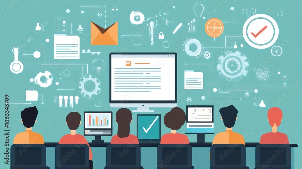 Poster Illustration of people working at computers with data and technology graphics around them.