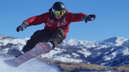 Energetic Snowboarder Performing Jump in Winter Mountains for Active Lifestyle and Winter Sports