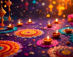 Vibrant Diwali Celebration Scene with Rich Purple Backdrop, Intricate Multicolored Rangoli Patterns, Traditional Oil Lamps, and Decorative Lanterns