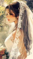 Charming Kawaii Bride in Wedding Dress: Beautiful Anime Art