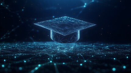 Abstract Digital Art Of An Open Graduation Cap, Floating Above A Network Grid On A Deep, Education Concept