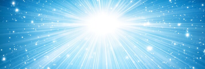 Blue Starburst Background, Glowing Light Burst with Sparkles. Abstract Shine Light Effect