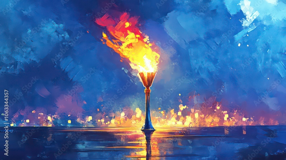 Poster a glowing torch emits flames against a colorful, abstract background, symbolizing hope and illuminat