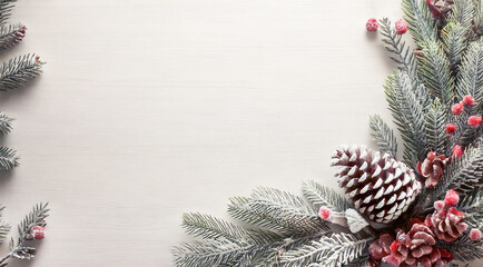 Natural festive christmas tree branches arrangement background, pine cones and red berries on evergreen fir tree on white backdrop, winter nature spruce garland holiday frame, with copy space
