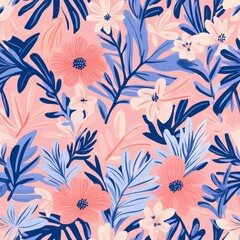 Obraz premium A vibrant floral pattern featuring pink and blue flowers and leaves.