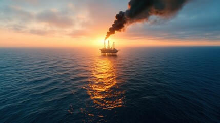 Offshore oil rig silhouetted against a dramatic sunset with smoke rising, AI