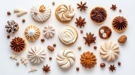 Fototapeta premium Beautiful cookies assorted close-up. background horizontal top view, lay flat against white.
