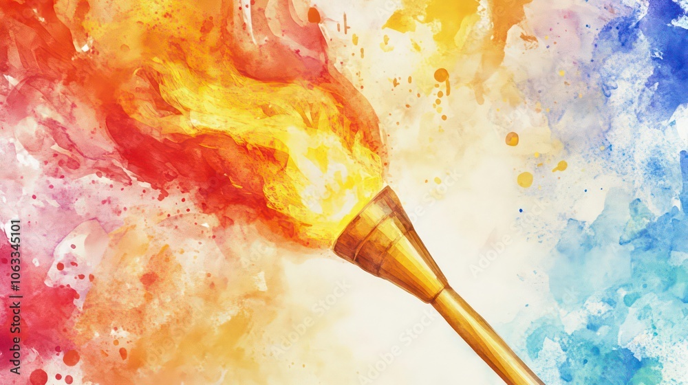 Poster a vibrant torch emitting flames against a colorful abstract background.