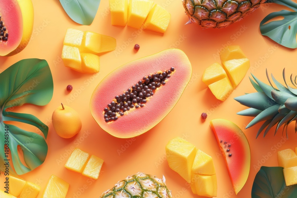 Leinwandbilder A colorful display of tropical fruits showcases sliced papaya, mango pieces, and whole pineapples, creating an inviting atmosphere. Generative AI
