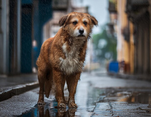 Perro abandonado en la calle en invierno en un dia de lluvia