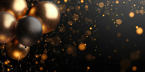 Elegant Black and Gold Balloons with Glitter and Bokeh for Festive Celebrations