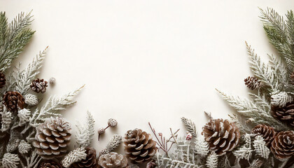 Festive foliage, pine cones and frosted red berries on evergreen christmas tree spruce fir...
