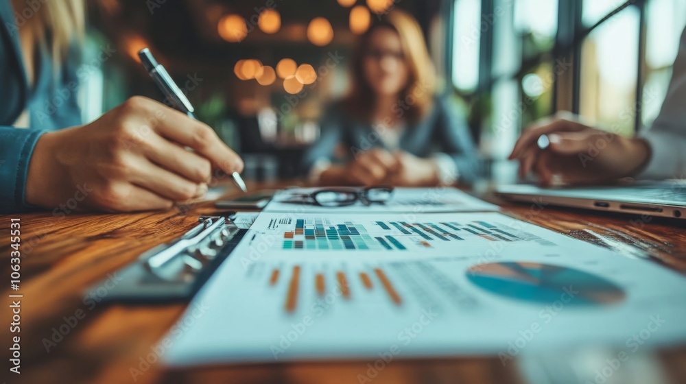 Poster in a cozy cafe, a business team engages in a collaborative meeting, analyzing charts and discussing 