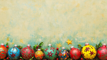  Mexican folk-art-inspired Christmas ornaments in vibrant colors, with tiny stars and holly on a soft sage background
